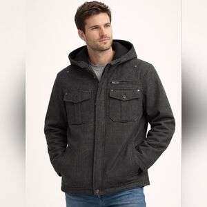 Wool Guess Military-Style Charcoal Plaid Hooded Field Jacket